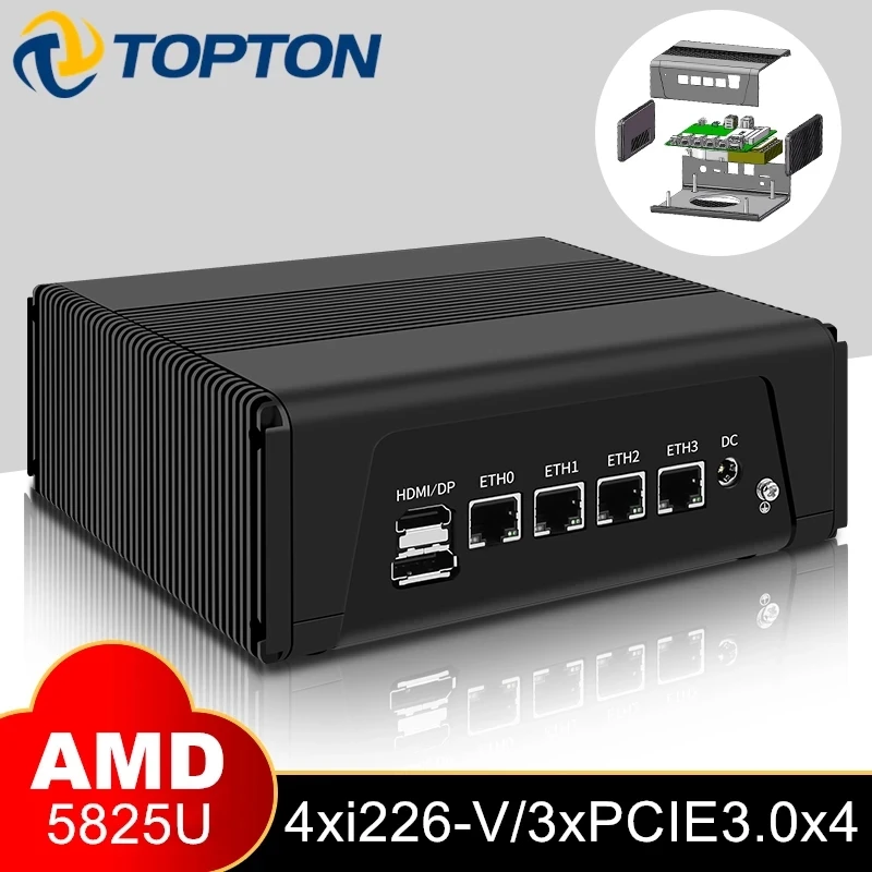 Topton 4*Intel i226-V 2.5G LAN Firewall Router AMD NAS Ryzen 7 5825U 8 Core 16 Thread  Mini PC 3*NVMe 2*SATA DP Type-C 3x4K UHD