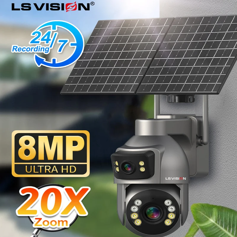 

LS VISION 4G SIM Solar Camera 24/7 Recording Outdoor 2 Screen AOV 20X Zoom Camera Built-in Battery Security Auto Tracking Cam
