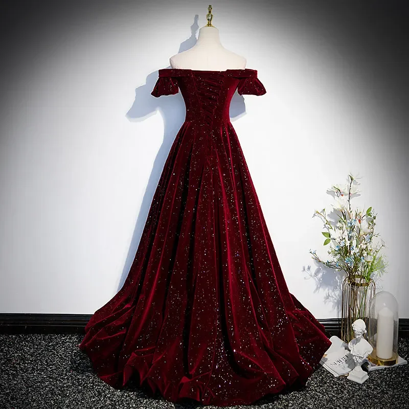 Evening Dress Short Sleeves Sequins Floor-Length Boat Neck Simple Burgundy Lace Up A-Line Velour Party Formal Gown Woman B1903