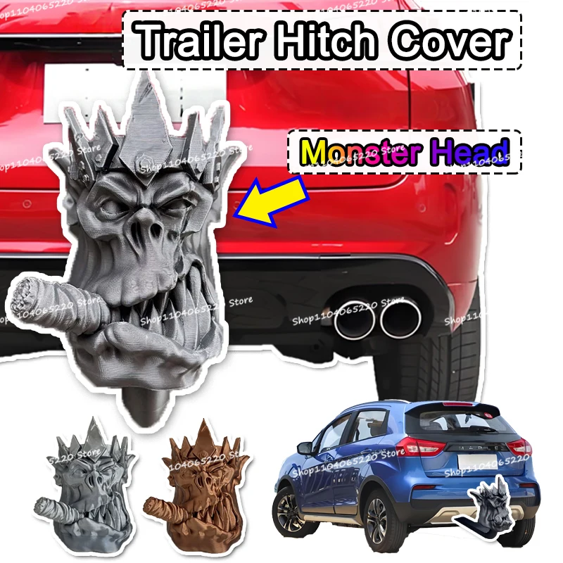 Strange Monster Crown Head Trailer Hitch Cover Silver Brown Plastic Horror Figure Statue Decoration Car Tail Ornament Funny Gift