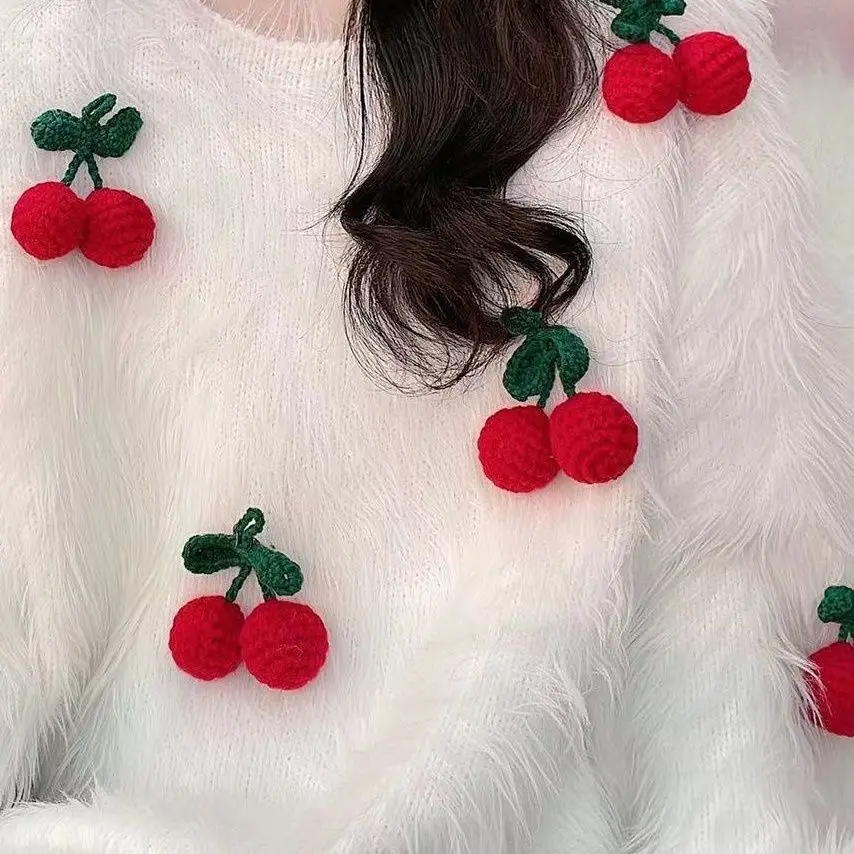 Winter White Fluffy Mohair Knit Pullovers Loose 3D Cherry Thickened Mink Cashmere Furry Sweater Knitwear Jumper O-Neck Tops 2022