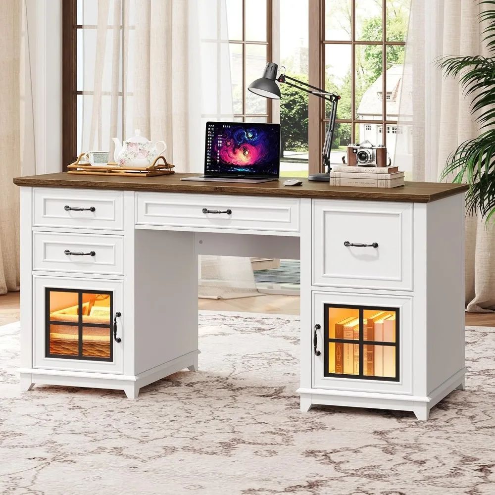 

58" Farmhouse Executive Desk with Drawers, Wooden Home Office Desk with Power Outlet & LED Light, Computer Desk with File Drawer
