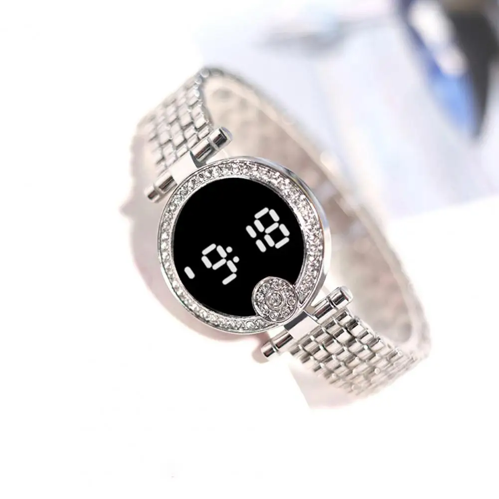 Stylish ABS Breathable Touch Control Men Women Fashion Round Rhinestone LED Digital Watch Electronic Watch Easy to Read