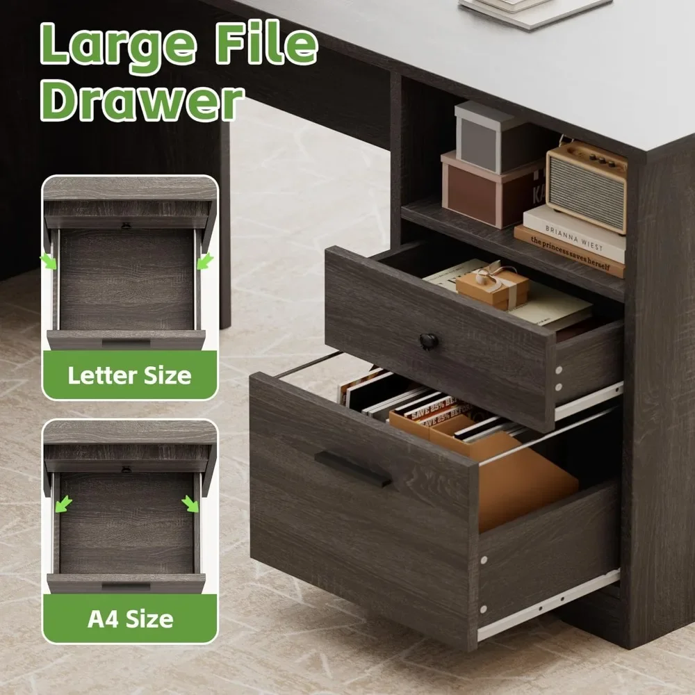 مكتب على شكل حرف L مع درج ملفات، مكتب زاوية 60 بوصة مع أدراج تخزين وخزانة، مكتب منزلي كبير مع منافذ طاقة