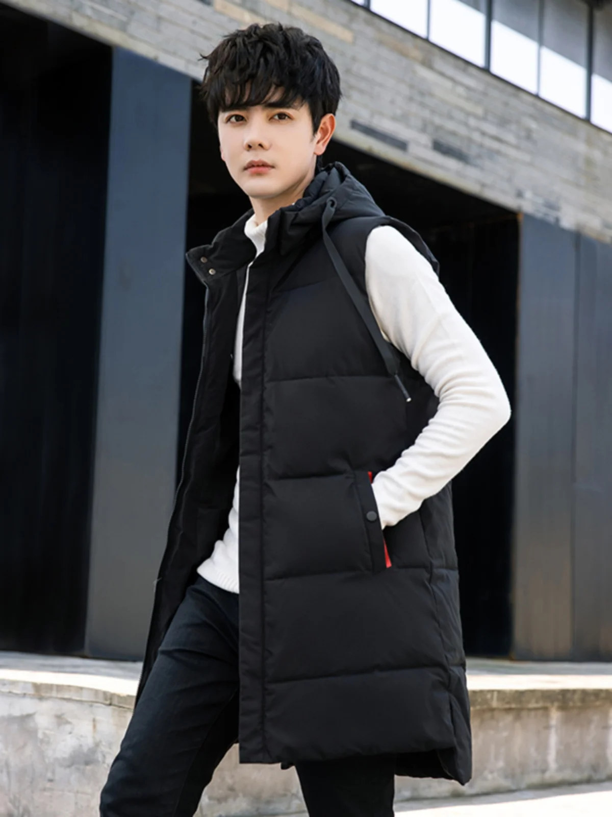 Trendy Cotton Vest Men's Autumn Winter Middle Length Jacket for Teenage Students Handsome Outerwear Shoulder Pad Cotton Vest