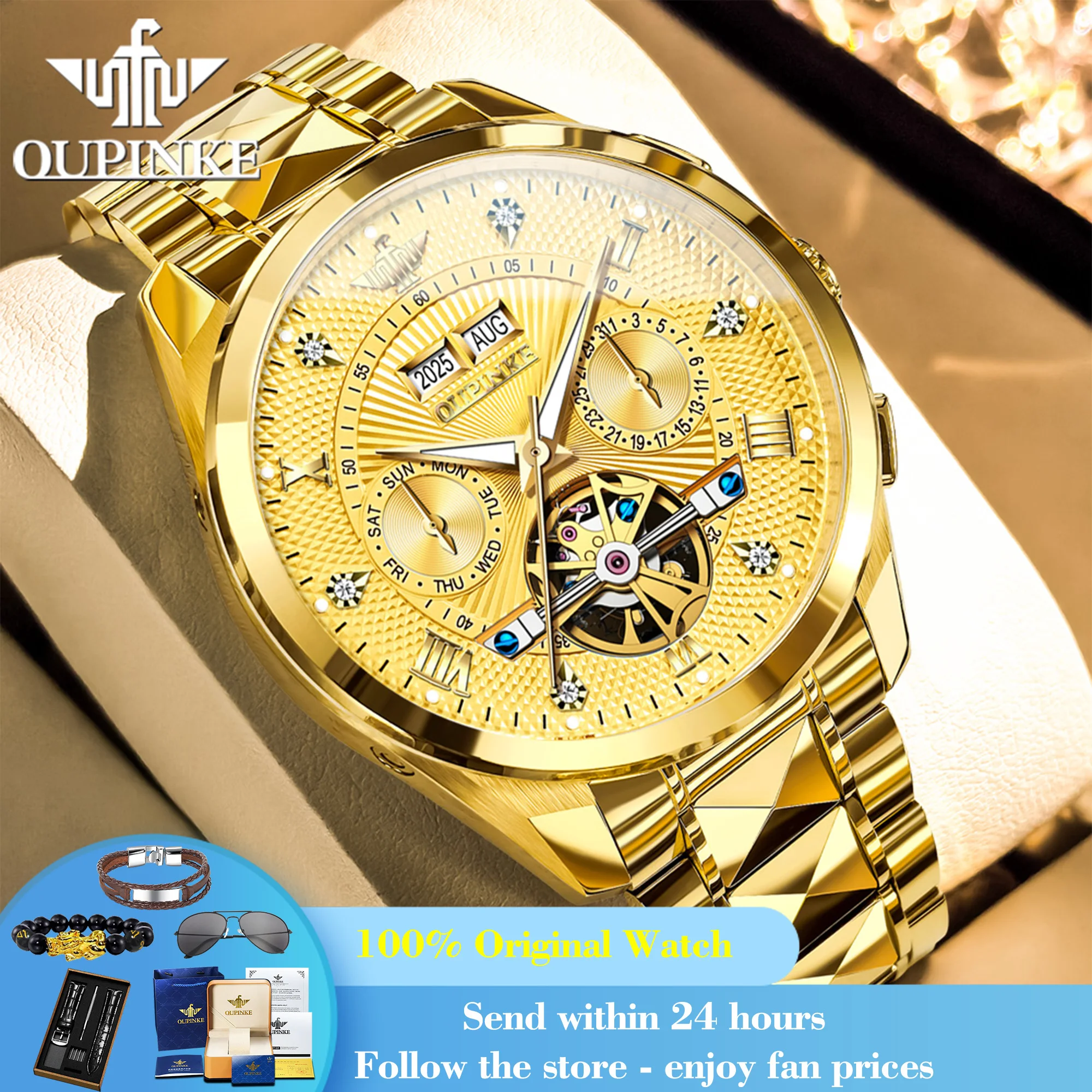 

OUPINKE 3270 Men's Watch Sapphire Mirror Automatic Watch For Men Waterproof Hollow Date Roman Scale Mechanical Man Wristwatch