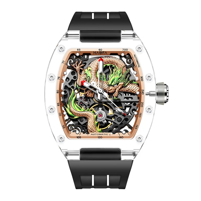 Haofa 3D Dragon Mechanical Watch for Men Automatic Hollow Transparent Wristwatch Crystal Case Luminous Waterproof Men Watch 2321