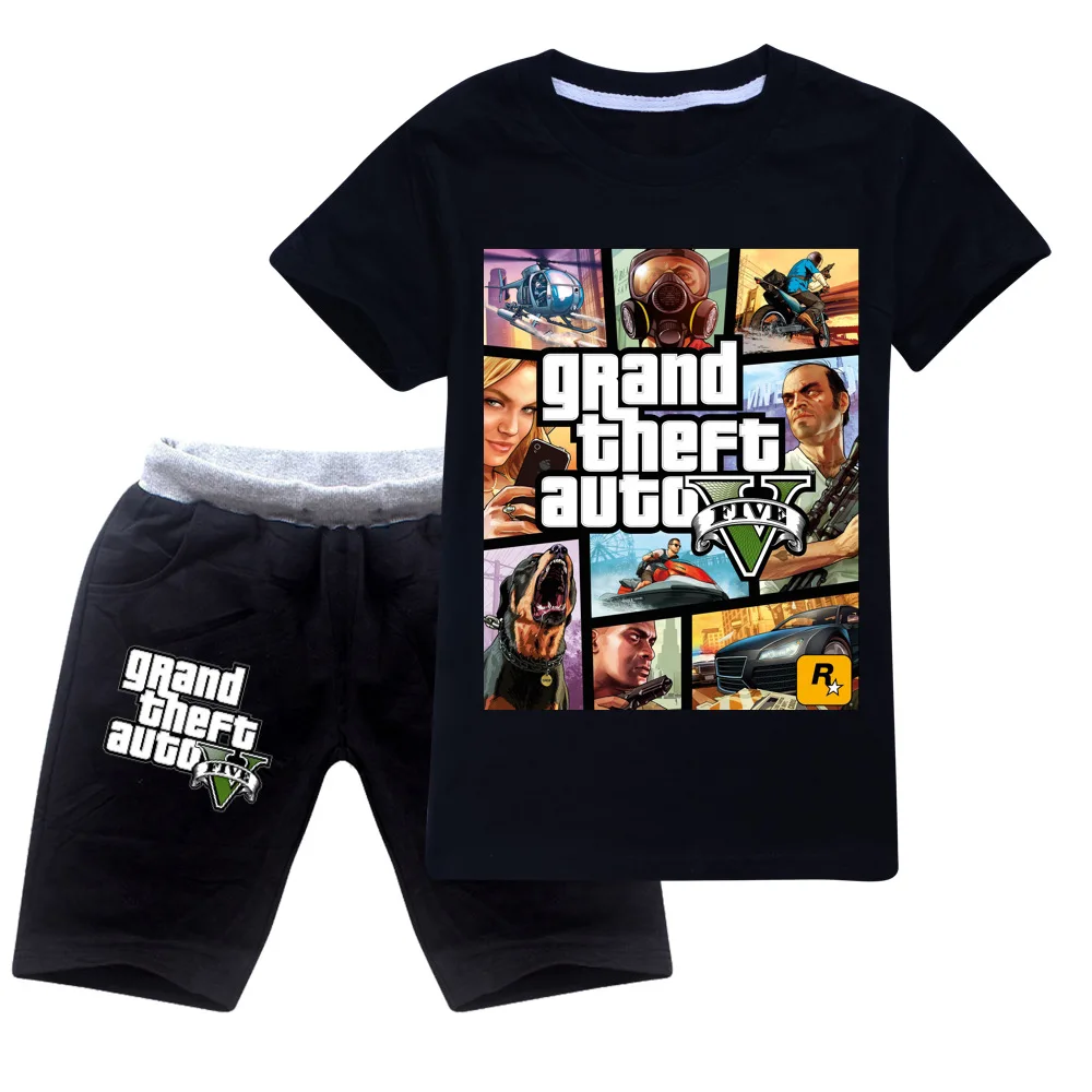 Boys Clothes Grand Theft Auto Game GTA 5 T Shirt+Shorts Set Kids Cartoon Girls Outfit Sport Suit Summer Children Clothing Sets