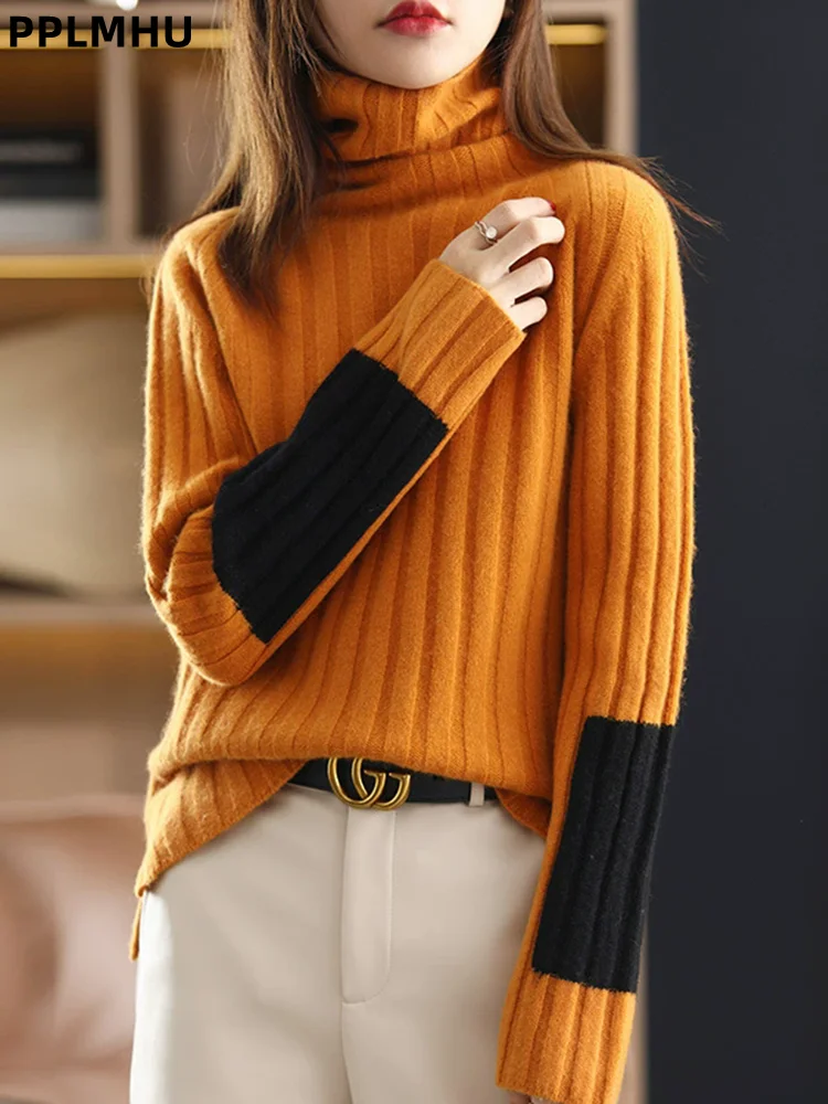 

Лоскутный вязаный свитер с длинными рукавами, женский повседневный теплый мягкий трикотаж, пуловер, водолазка, корейские модные толстые джемперы