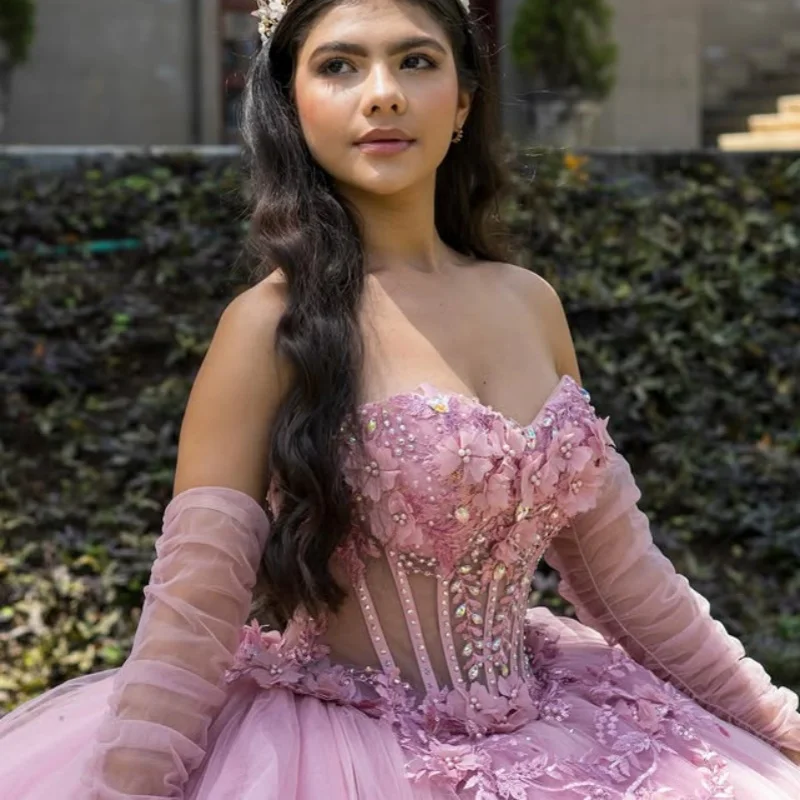 Robes De Quinceanera rose personnalisées, épaules dénudées, dentelle, paillettes appliquées, cristal, à volants, fleur, tulle, 15