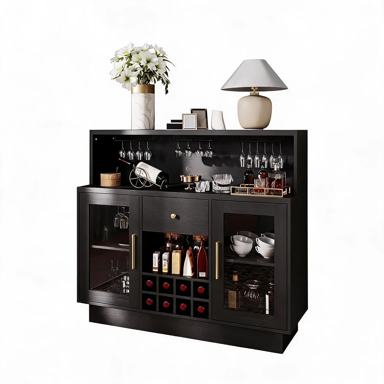 Black LED Wine Bar Cabinet Glass Doors Storage Drawers Outlet Glass Holder Home Furniture Tempered Glass, Customized