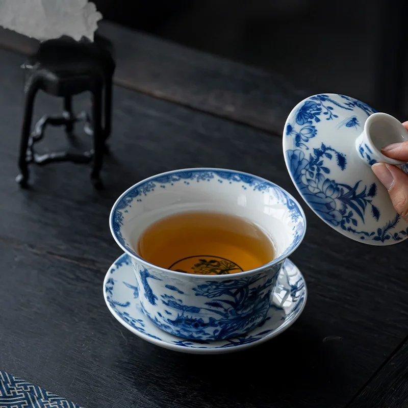 Extra‑Large Antique‑Style Green Sancai Gaiwan Eight‑Treasure Tea Single Kung‑fu Tea‑making Bowl With Lid Holiday Gift