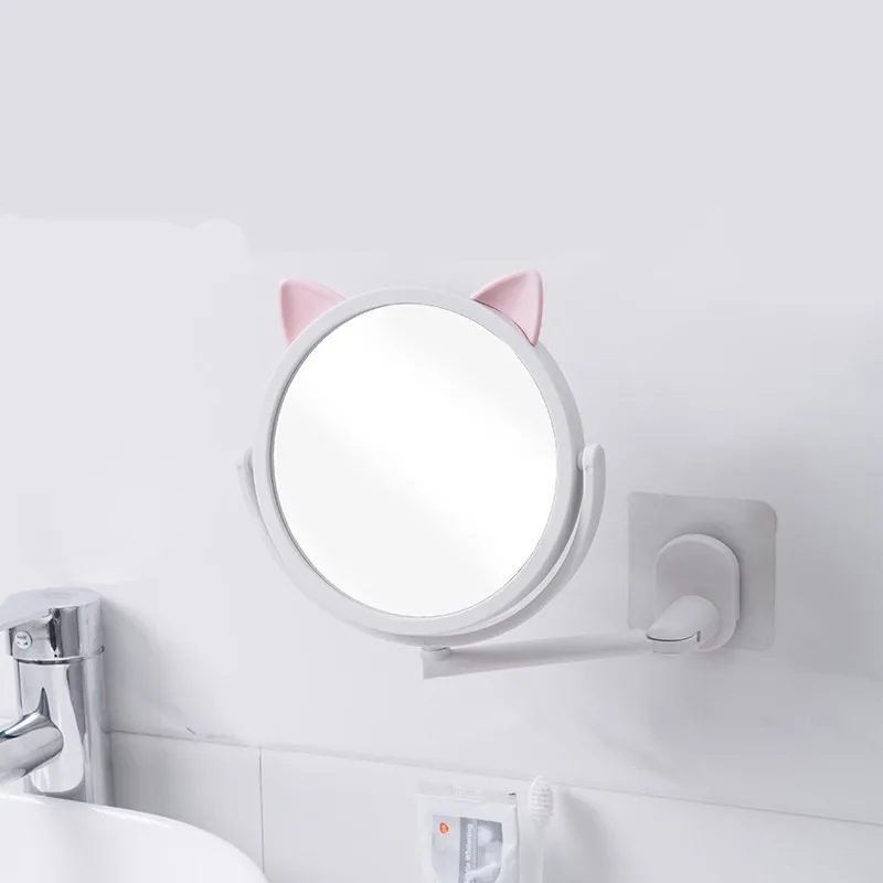 HD Suction Mounted Bath Vanity Speculum, Minimalist Beauty Panel, Princess Cartoon Cat-ear Design, Revisable Wall Reflector