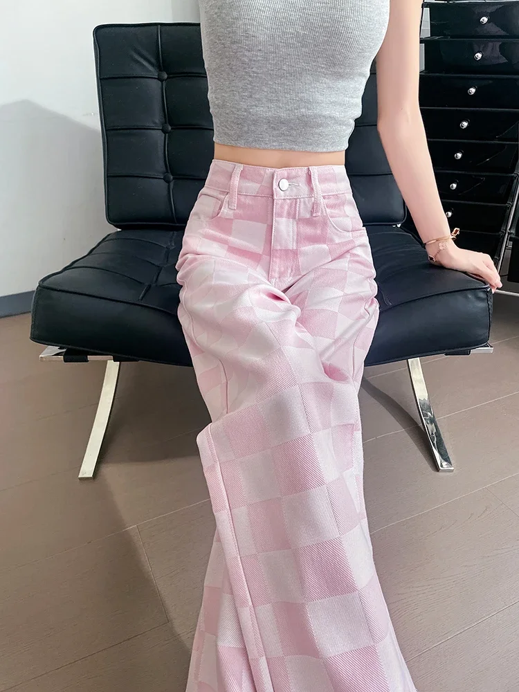 Plaid Jeans Women's Spring Autumn Straight Leg Denim Trousers 2024 New Fashion High Waist Straight Loose Wide-Leg Pants Female