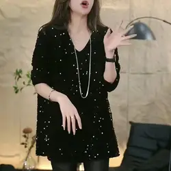 Women Clothing Vintage Gold Velvet Sequins Split Elegant Chic Basic T Shirt Ladies V Neck Solid Long Sleeve Oversize Tunic Tops