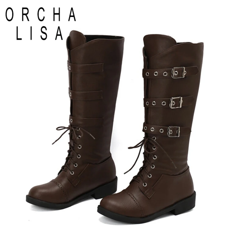 

ORCHALISA Women Knee High Boots Round Toe 3cm Heel Lace Up Buckles Big Size 48 US17 Party Bota Faux Leather Mortorcycle Ridding