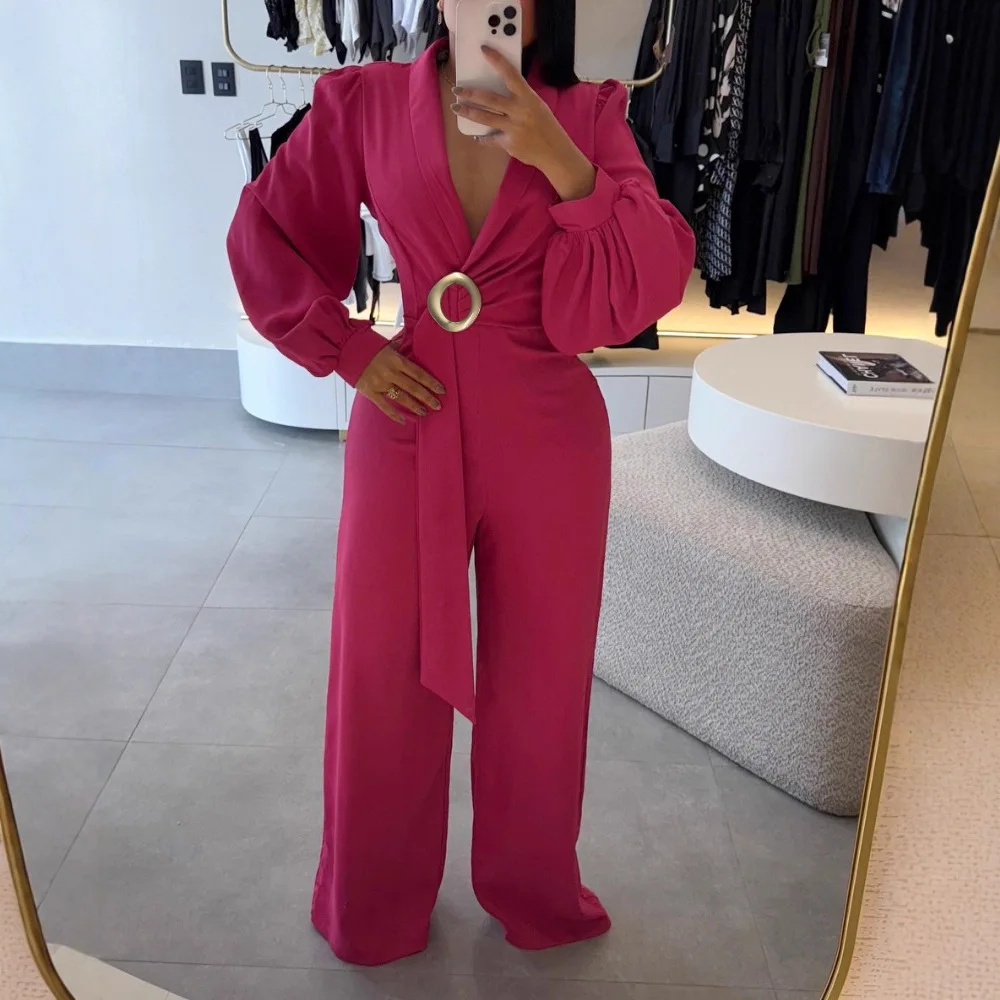 

Комбинезон с металлическим кольцом и перекрытием, v-образным вырезом, рукавами-фонариками, молнией сзади, повседневный комбинезон с затянутой талией и широкими штанинами