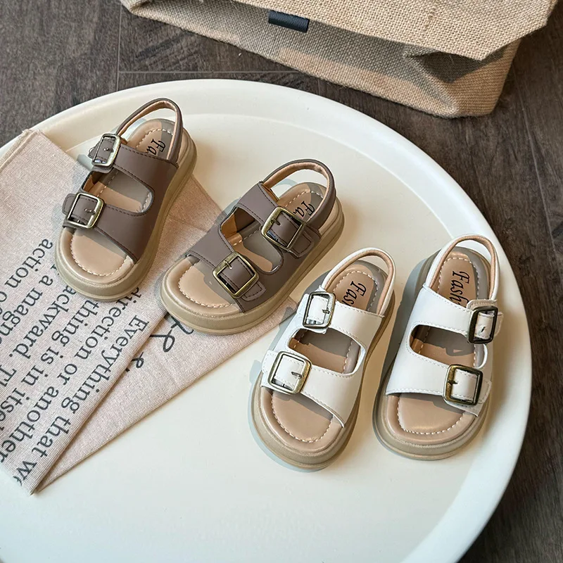 Children Sandals Boys Casual Beach Shoes with Metal Buckle Girls Flats for Summer Vacation Chic Neutral Style Minimalist Design