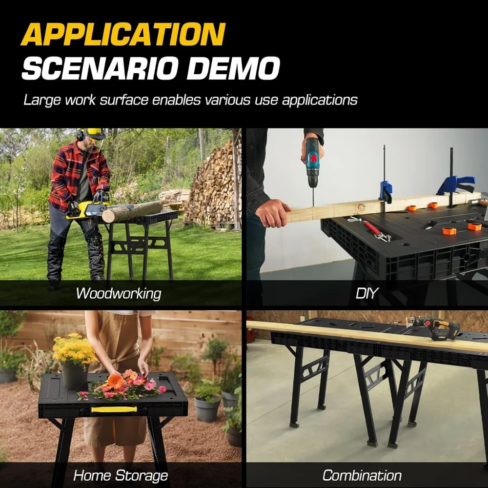 Express Folding Workbench, 2-in-1 Easy Setup Portable Folding Work Table & Sawhorse, 34" W x 25" D x 32" H Lightweight Versatile