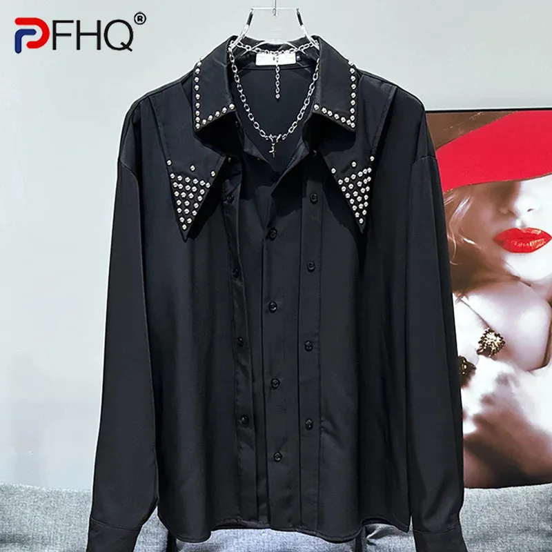 

PFHQ Fashion Trendy New Personalized Double Collar Design Shirt New Korean Versatile Metal Decoration Male Tops 21Z6689