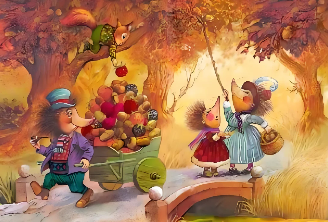 500/1000/1200/2000PCS Jigsaw Puzzle Vintage Fairy Tale Hedgehog Family Squirrel Autumn Harvest Forest Cart Fruit Home Decor Gift
