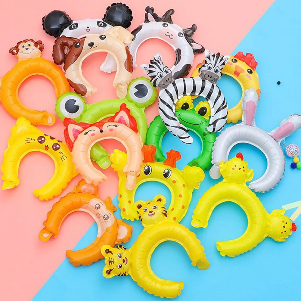 12 Uds. Diademas inflables de animales del zoológico, globo de Safari salvaje, animales de granja, aro de pelo de la selva, globos, recuerdos de fiesta de cumpleaños de la jungla