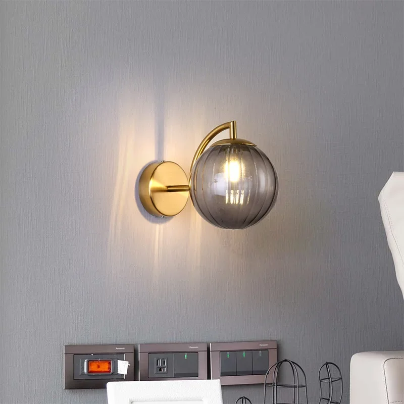 Smoke Gray Glass Ball Wall Lamp Stripe Lamp Shade Decor Lamp Interior Lighting Living Room Background Wall Pumpkin Wall Lights