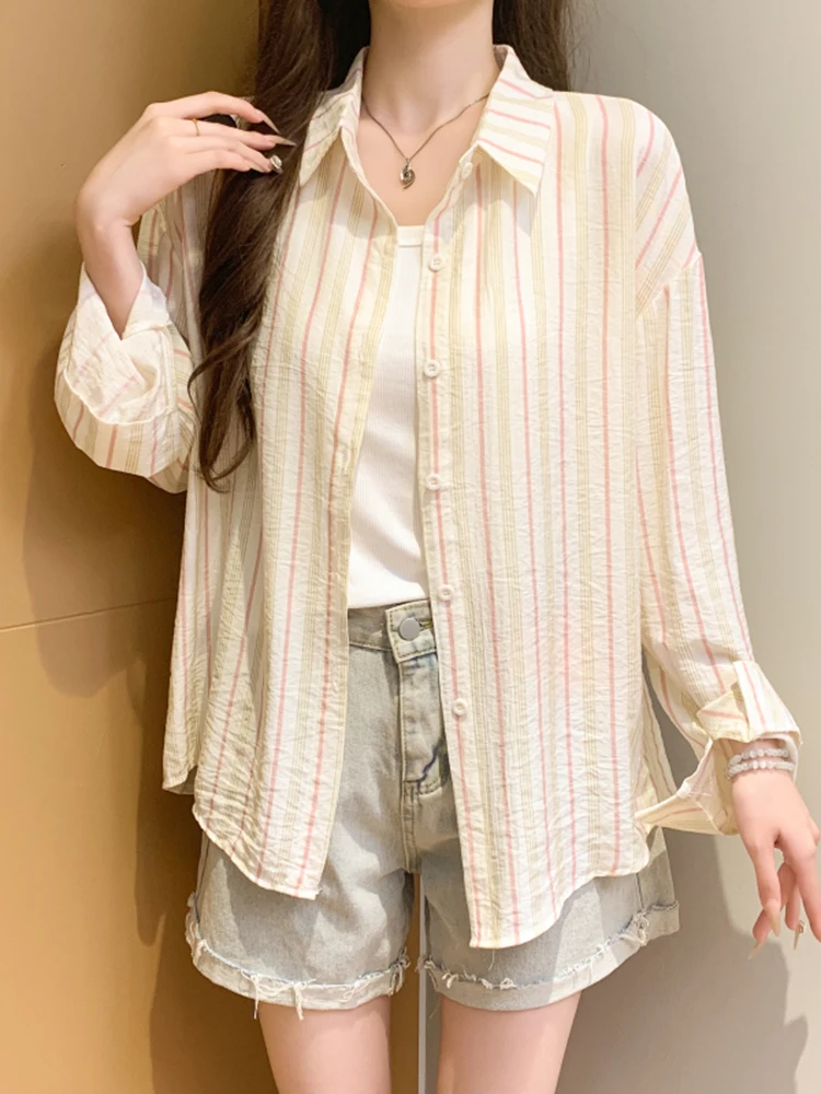 Faionable rayé Long Sve femmes irt été 2025 mince ample respirant ouvert Cardigan haut décontracté Sle bouton conception