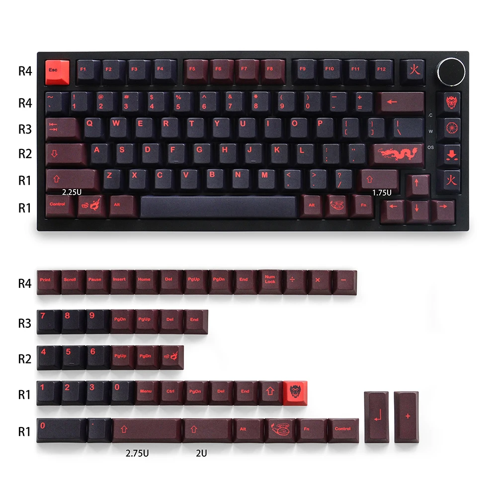 Red Dragon Cherry Profile Keycaps PBT Material 129 Keys Five Side Dye-Sub Keycap for 61/87/104/108 Mx Switch Mechanical Keyboard