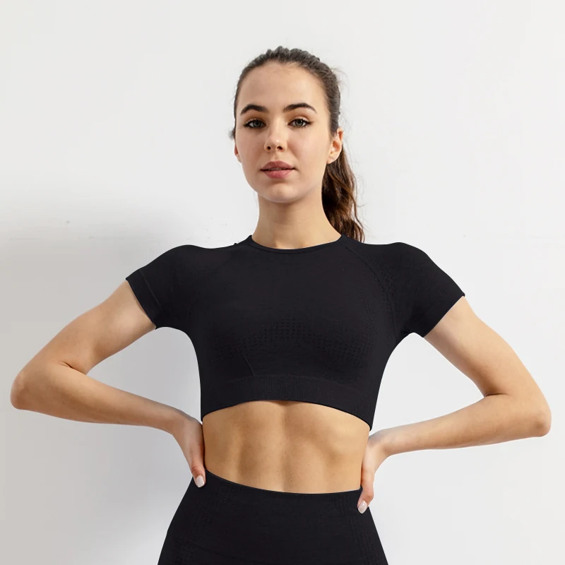 Women Seamless Yoga T-Shirt Sports Gym Cropped Tops Gym Training Shirt Short Sleeve Yoga Running Tracksuit