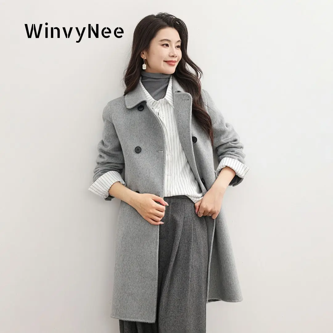 

WinvyNee 2025 Winter Long Women Woolen Coat Double-sided Camel Wool Turn-down Collar Overcoat Double Breasted Long Coat H1643006