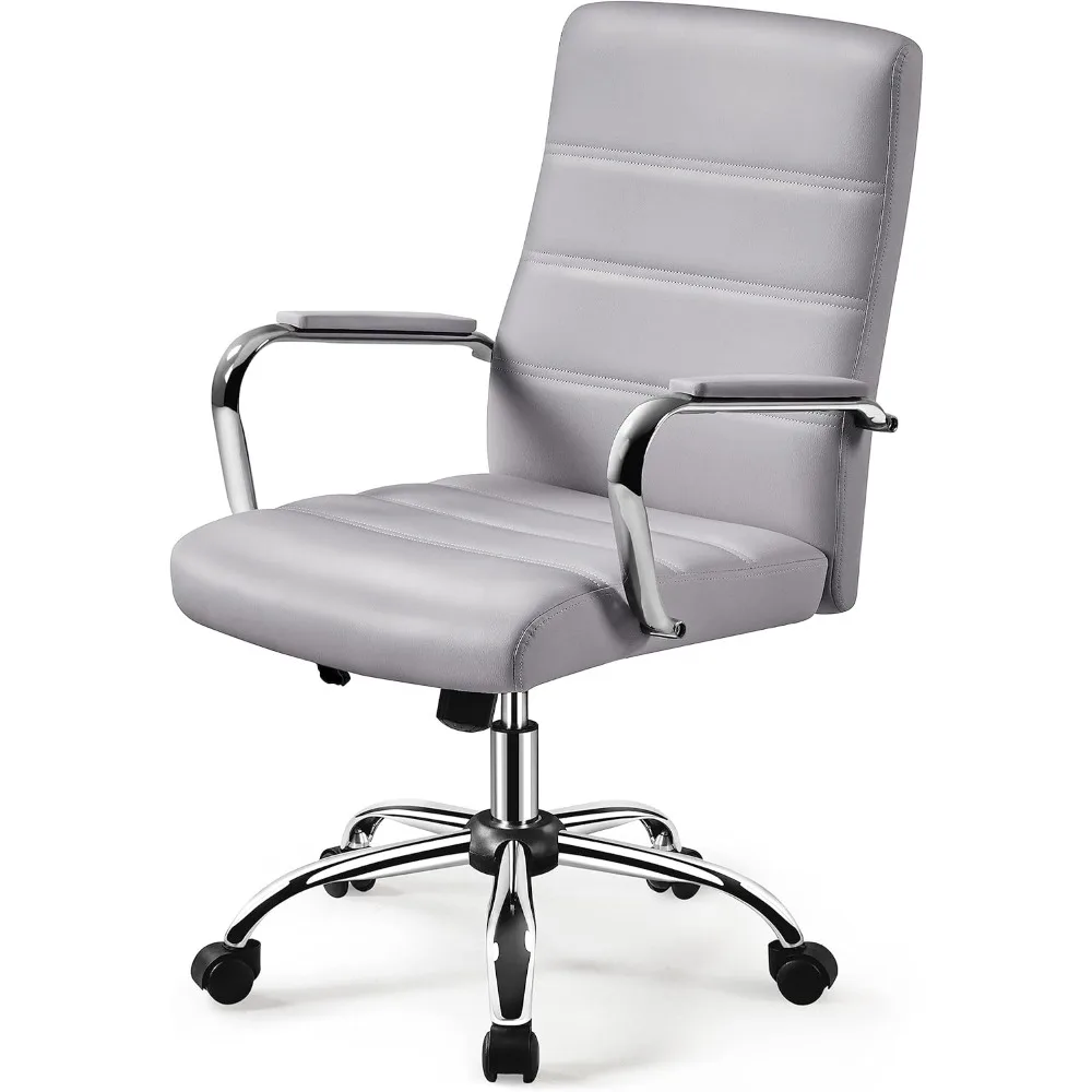 

Mid-Back Office Chair with Arms Swivel PU Leather Height Adjustable Office Executive Chair, Light Gray