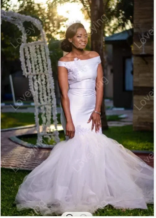 Customized Off The Shoulder Satin Mermaid Back Girls Wedding Dresses Sweep Train Vestido Feminino Appliques Cheap Bridal Gowns