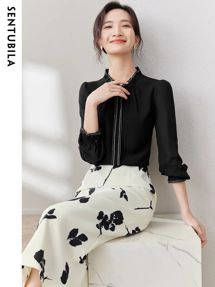 SENTUBILA Pullover Chiffon Blouses for Women Fashion 2024 Autumn Office Ladies Stand Collar Long Sleeve Tops Shirts M33V50343