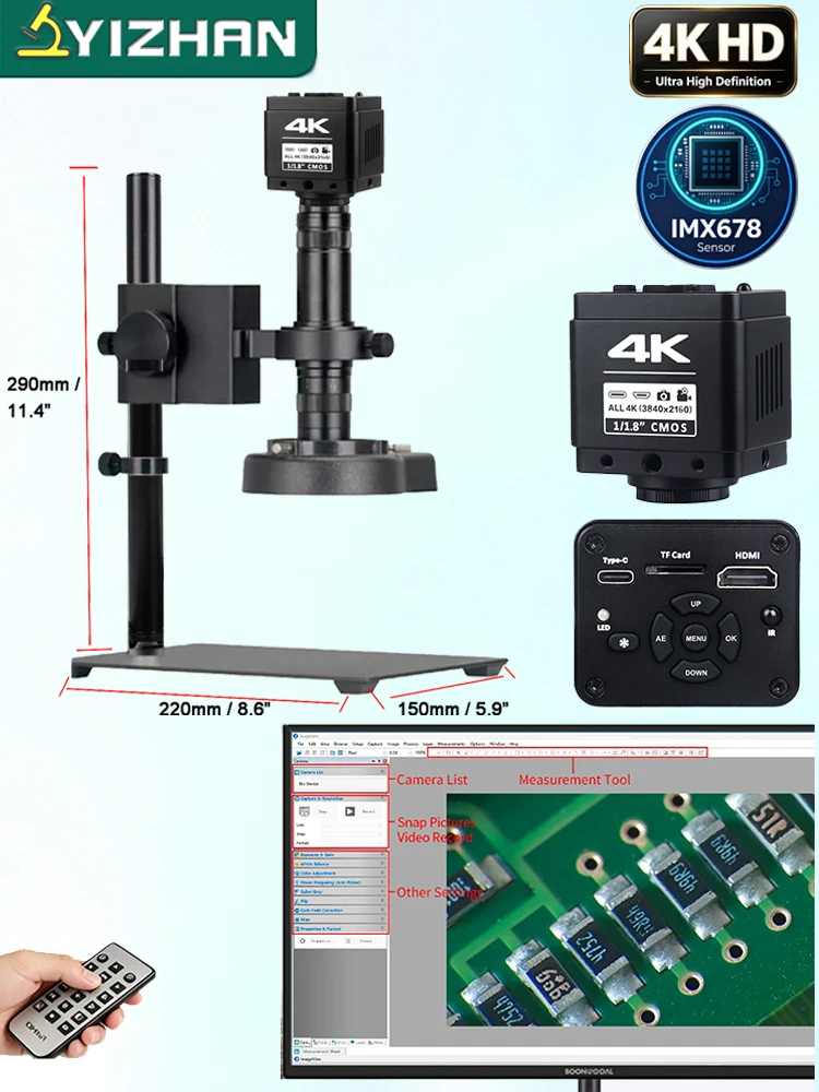 YIZHAN Voll-4K-Digitalmikroskop zum Löten, HD 1080P 60FPS Video-Mikroskop, IMX678 IMX327 Sensor, HDMI USB Elektronisches Mikroskop, 150X 215X Zoom-Objektiv, Software-Fernbedienung, Hebe-/Gelenkständer