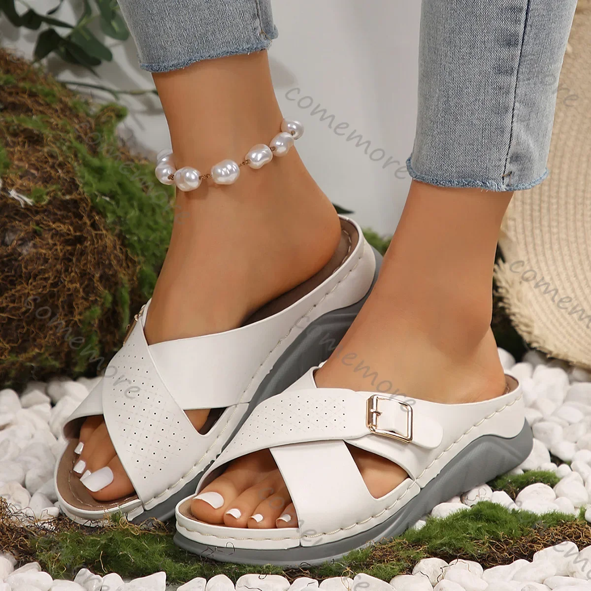 Comemore Woman Platform Wedge Slippers Women Cross Strap Beach Slides Sandals Comfort Roman Soft Flip Flops Plus Size 36-43