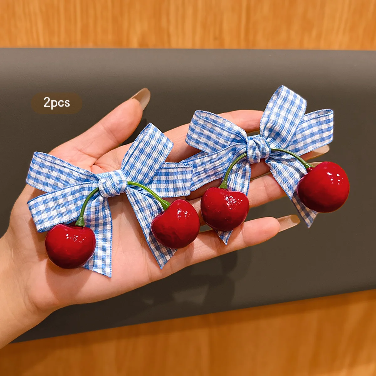 2 kersenhaarclips met blauwe strik, geschikt voor dagelijkse haaraccessoires