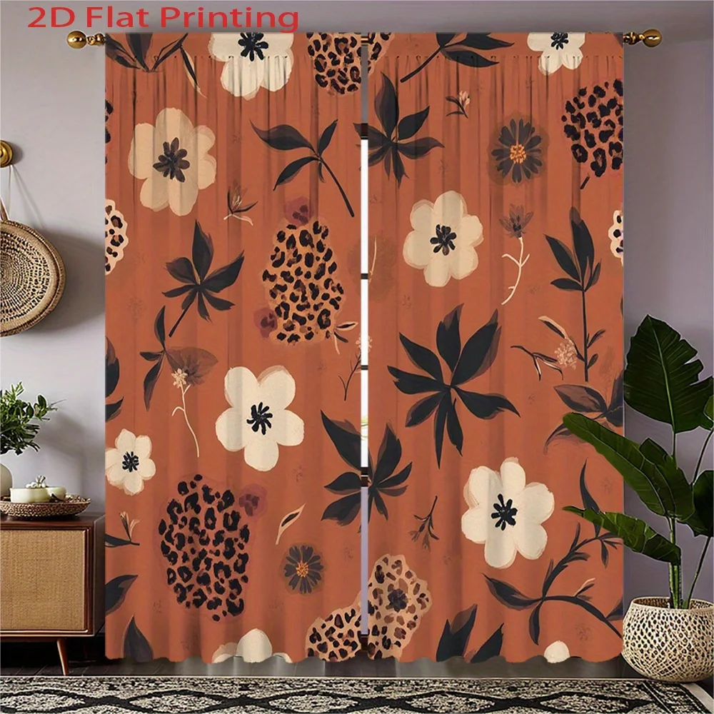 Floral Curtains 2pcs – Orange Background with White Flowers and Leopard Spots Stylish Bohemian Decor for Living Room and Bedroom