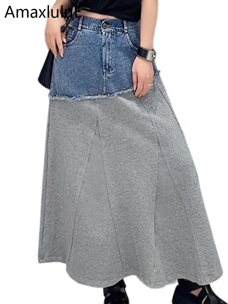 Amax LuluE Brand 2025 Autumn Ladies Fashion Patchwork Denim Skirts Womens Classic Leisure Loose Clothes Vintage Punk Streetwear
