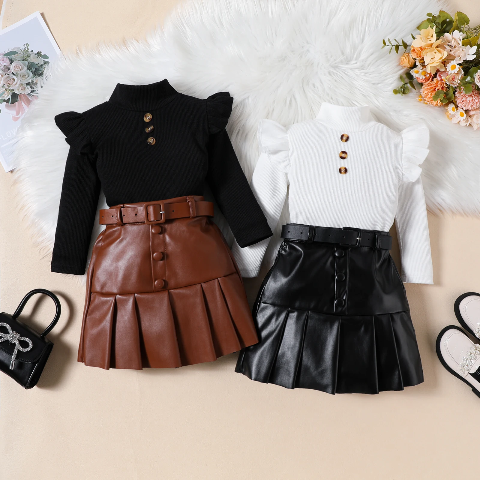 Kids Clothes Girl Autumn Fall Outfits Ruffles T-Shirts and PU Leather Pleated A-Line Skirts Sets Children\'s Clothing