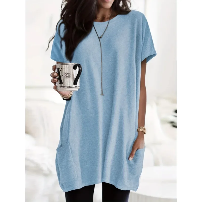 

Плюс размер 1XL-5XL, женская модная трикотажная свободная футболка с круглым вырезом, женская повседневная однотонная длинная футболка с коротким рукавом