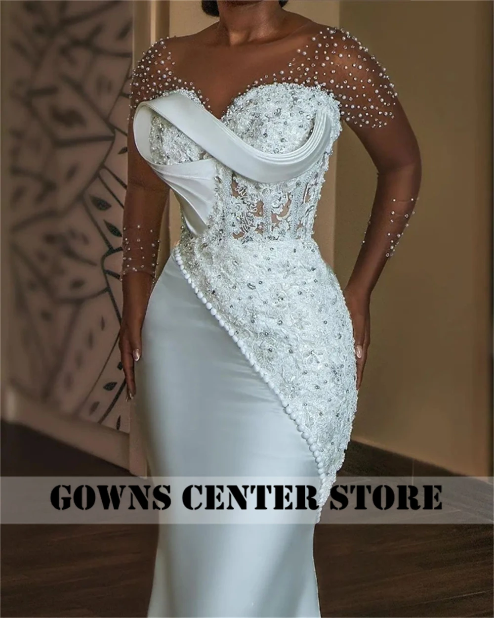 White Pearls Beaded Luxury Mermaid African Wedding Dress Mesh Long Sleeves Aso Ebi Engagement Gowns Corset Fish Bones Customized