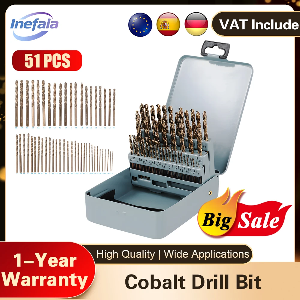 Jeu de 51 forets hélicoïdaux Podofo M35 en cobalt HSS-Co de 1 à 6 mm avec étui pour le perçage du métal, de l'acier inoxydable et du bois