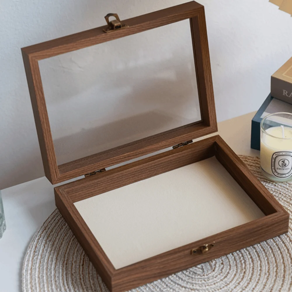 Retro Elegant Wood Jewelry Box Glass Lid Dust-proof Jewelry Organizer Velvet Storage Box Ring Display Holder Jewelry Storage Box