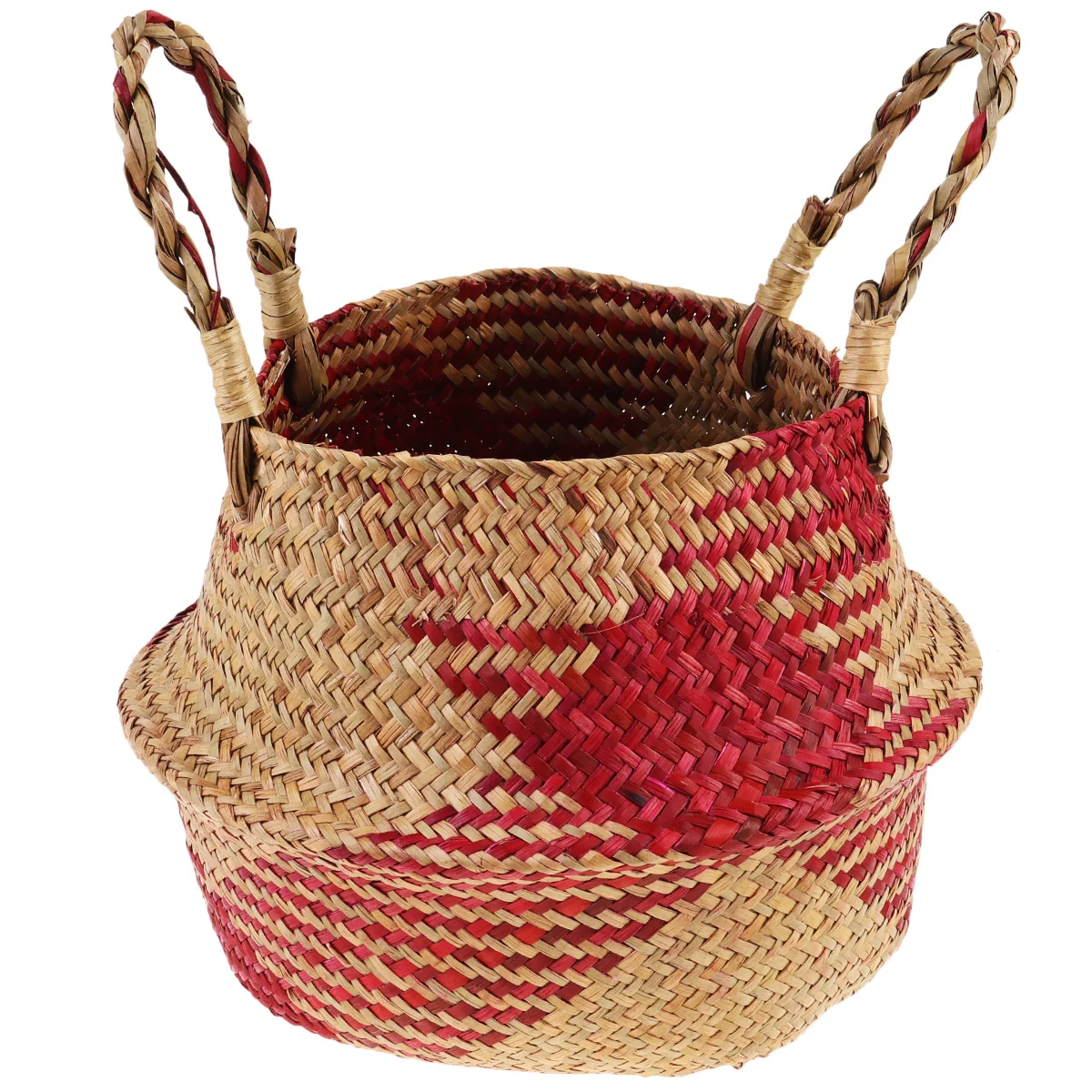 

Straw Sea Grass Basket Durable Foldable Double Handle Desktop Storage Bin Multipurpose Plant Holder Woven Linen Storage Box Red