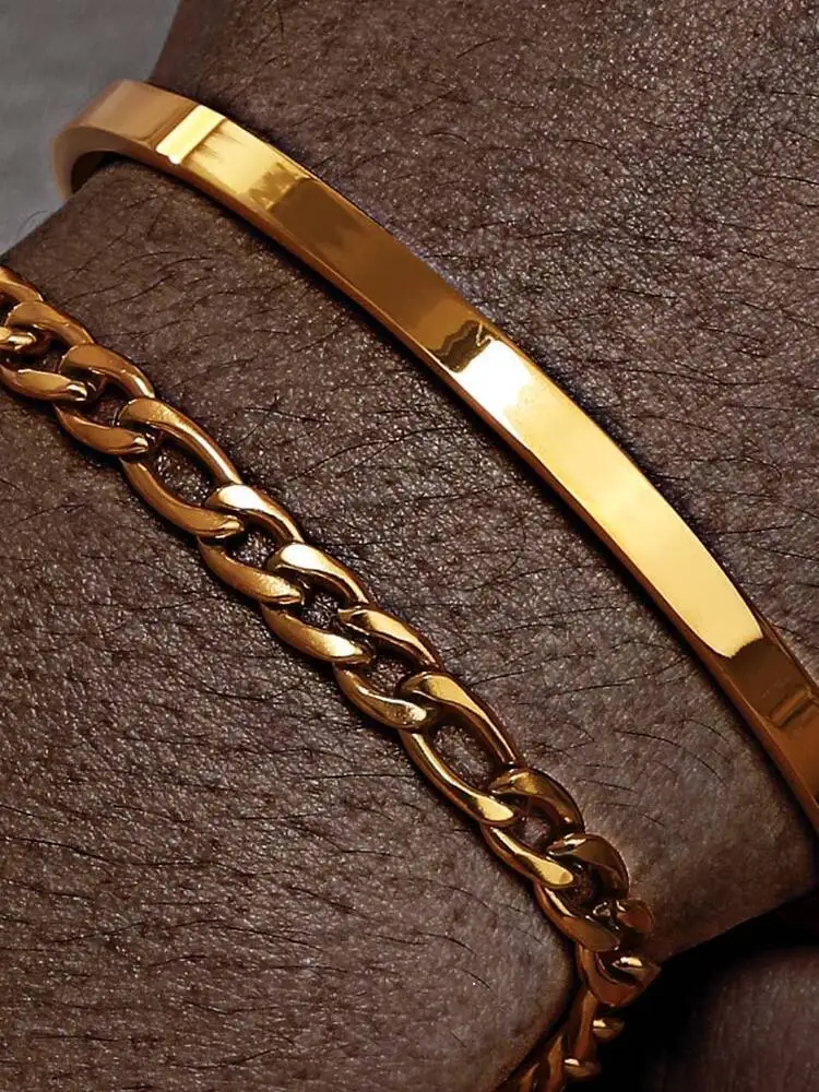 2 pièces/ensemble Bracelet chaîne Figaro pour hommes, bracelets de manchette en acier inoxydable couleur argent, Bracelet superposé élégant cadeau pour lui garçon