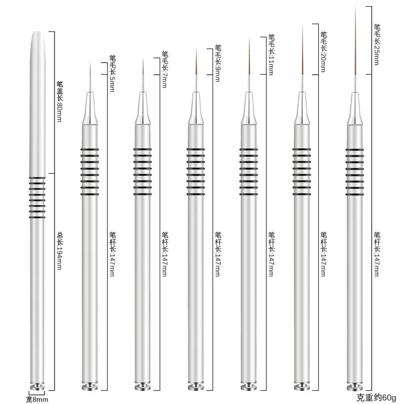 5/7/9/11/20/25Mm Nieuwe 6Size Nail Art Liner Borstels Schilderen Nagelborstel Punttekening Tool Lange Lijnen Dunne Details Manicure Pen