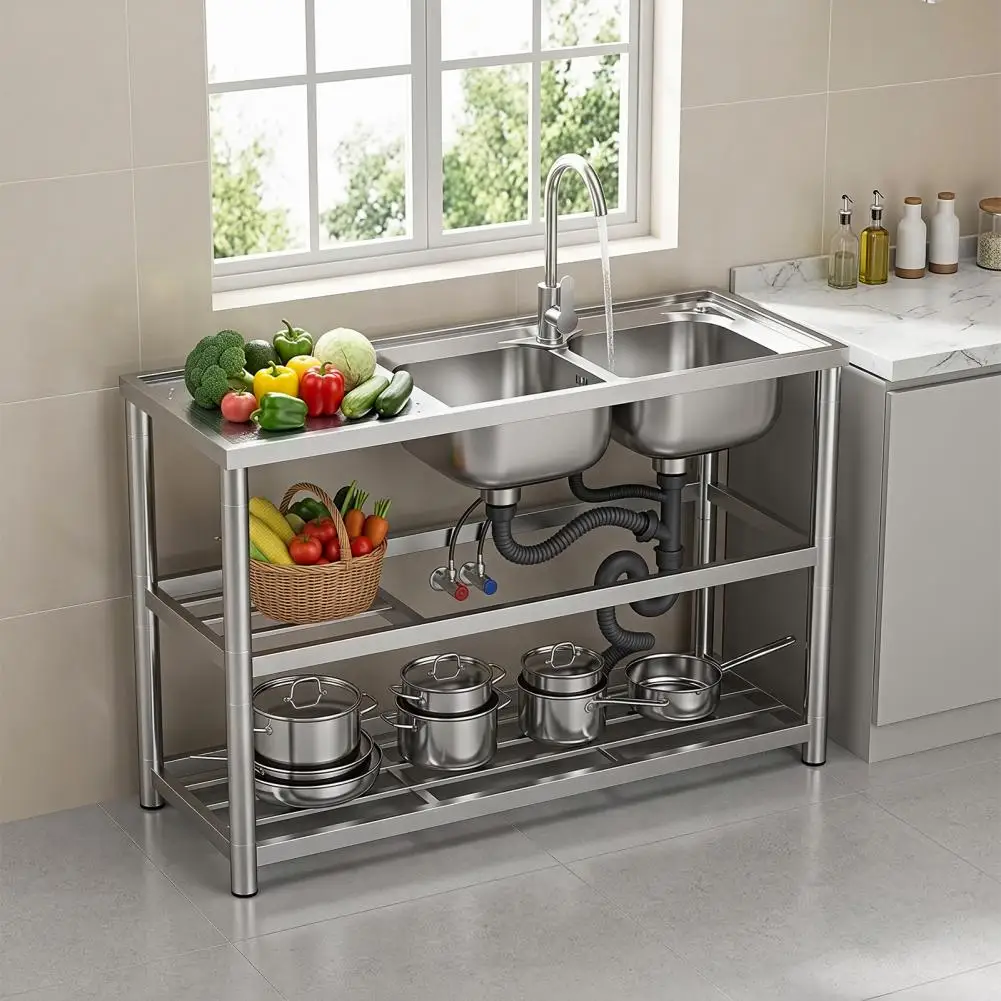 Stainless Steel Dual Bowl Utility Sink, Free Standing Commercial Sink with Prep Counter, Double Storage Shelves