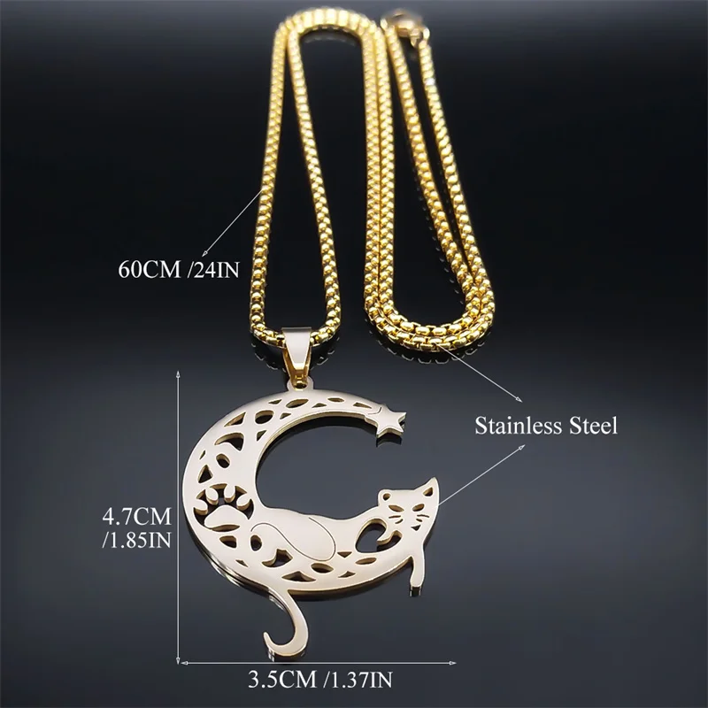 Collar de pata de gato con estrella y Luna de bruja para mujeres y hombres, collares de acero inoxidable de Color dorado con forma de gatito creciente, Collar de joyería N8079GDS02