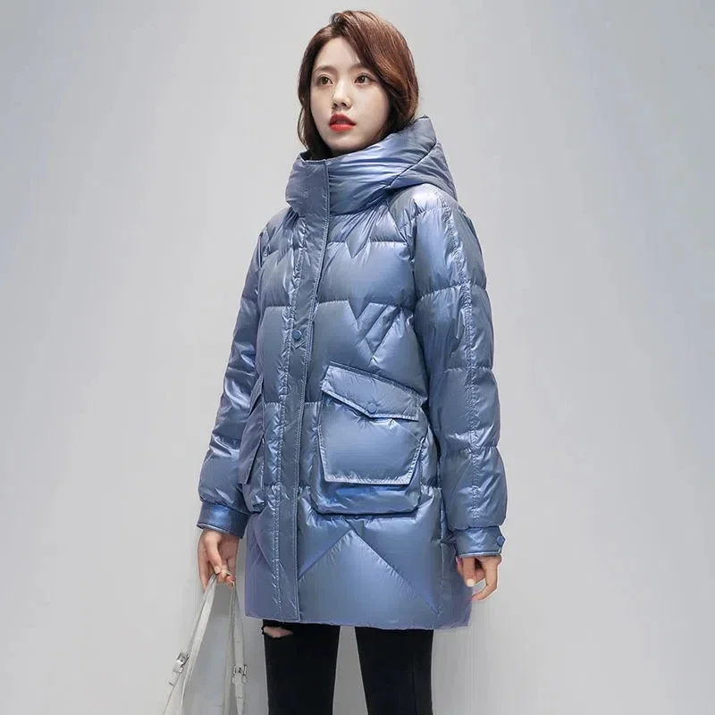 

Glossy Windproof Snow Wear Parkas Women Mid Length Fashion Stand Collar Hooded Coat Warm Cotton Jacket Zip Up Quilted Overcoat